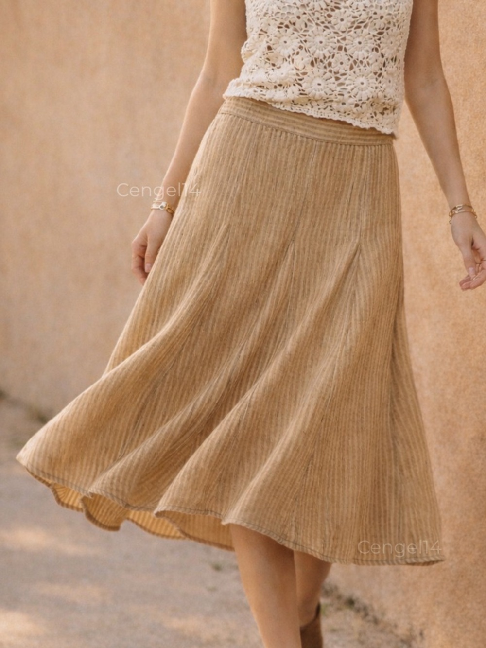 Free People Candace Midi Skirt Iced Coffee Stripe Cotton Linen XS NWT